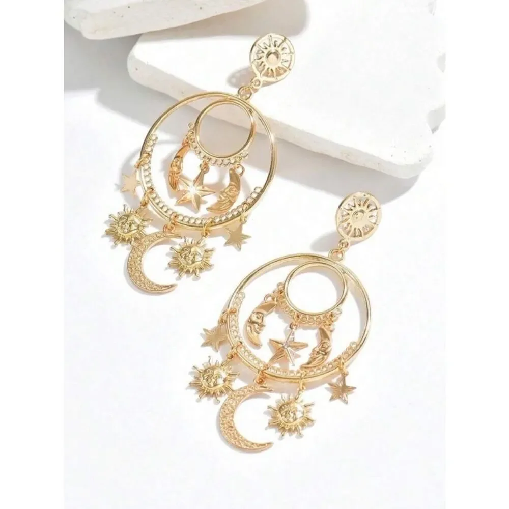 Gold Celestial Moon & Star Drop Earrings - Women Jewelry R 408